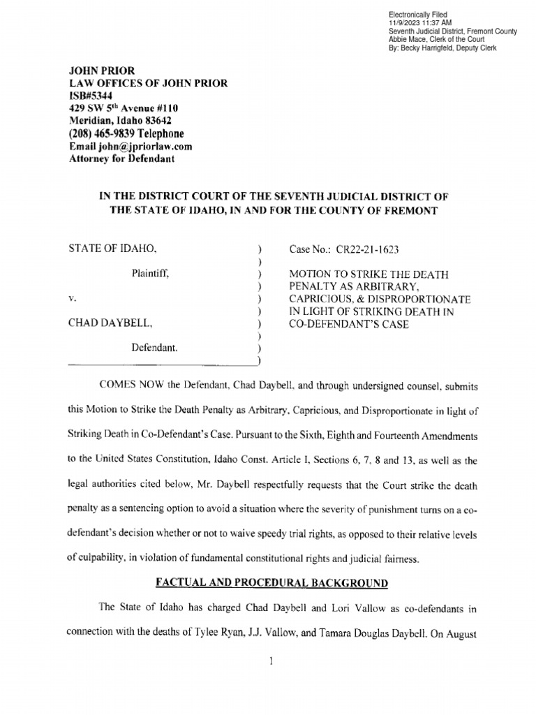 Motion To Strike Death Penalty As Arbitrary Capricious Disproportionate ...