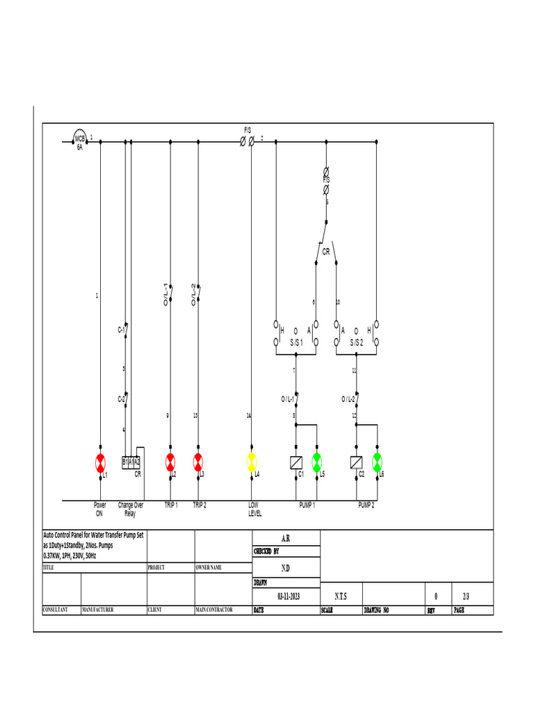 MCB 6A F/S A.R Auto Control Panel For Water Transfer Pump Set As 1Duty