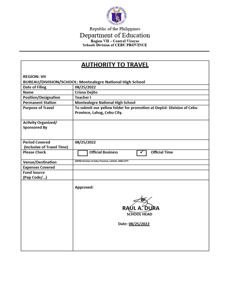 Authority To Travel | PDF