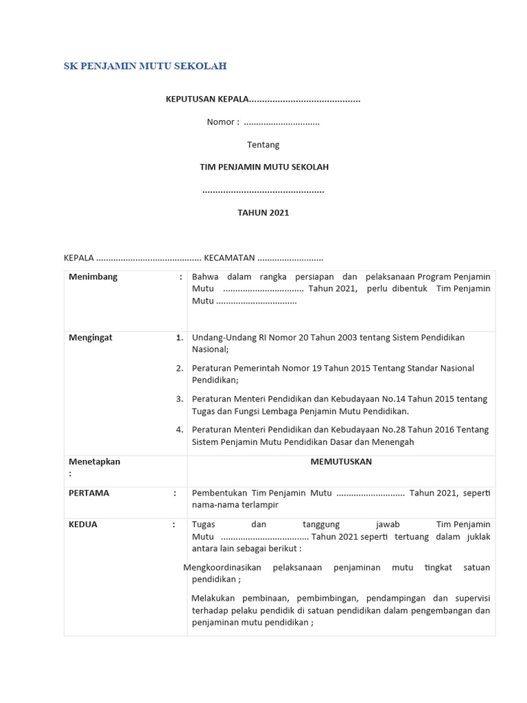 SK Pembentukan Tim Penjamin Mutu Sekolah | PDF | Karier & Perkembangan ...