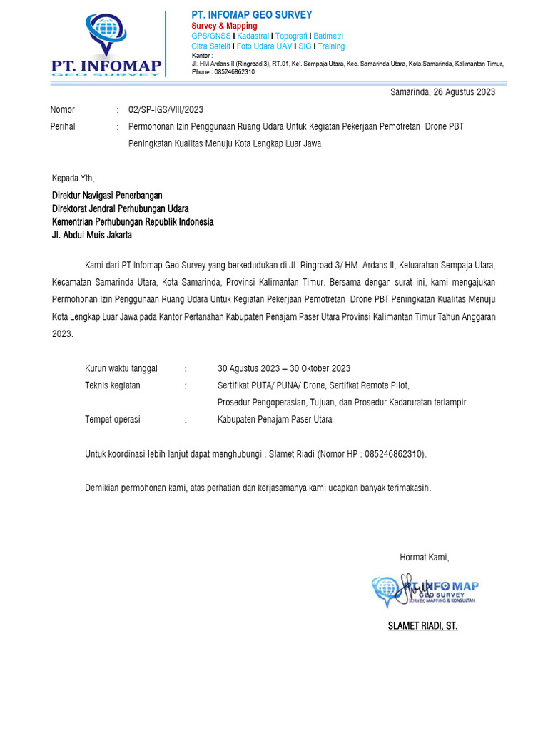 Permohonan Izin Drone PT Infomap Geo Survey | PDF