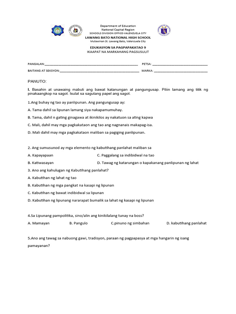 Esp 9 Diagnostic Test - Gregorio | PDF