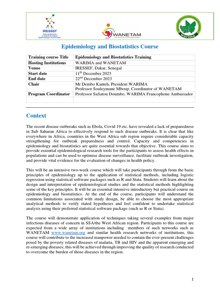 Epidemiology and Biostatistics Course Advert PDF Epidemiology