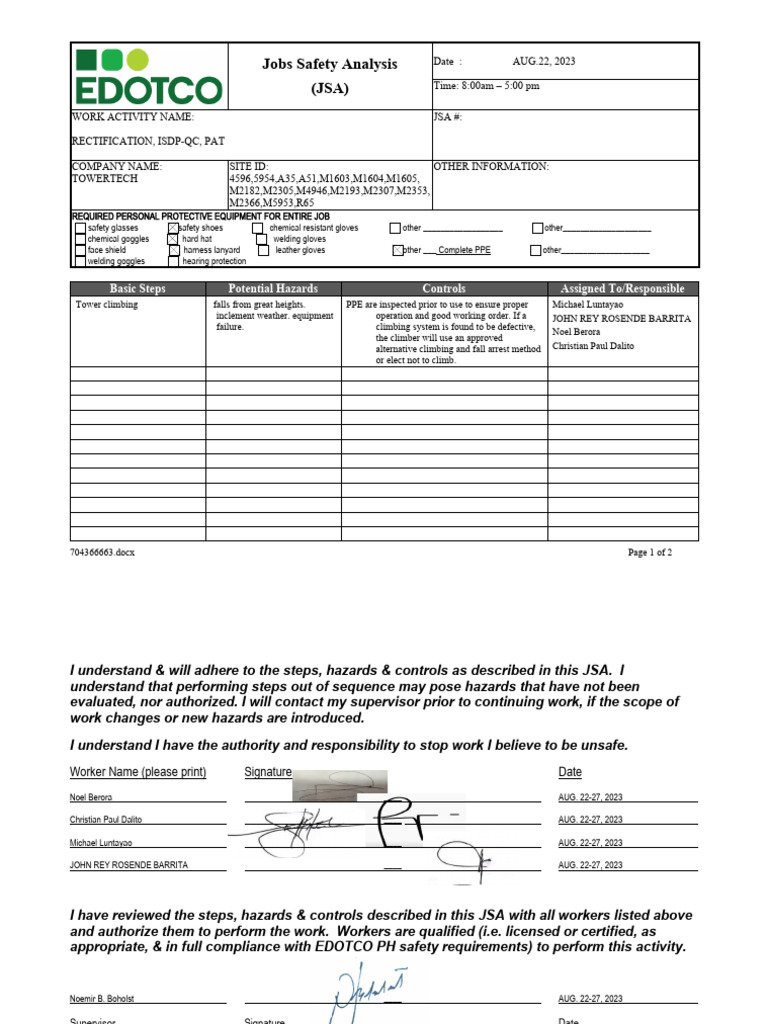 JSA for Electrical Work Safety | PDF | Personal Protective Equipment ...