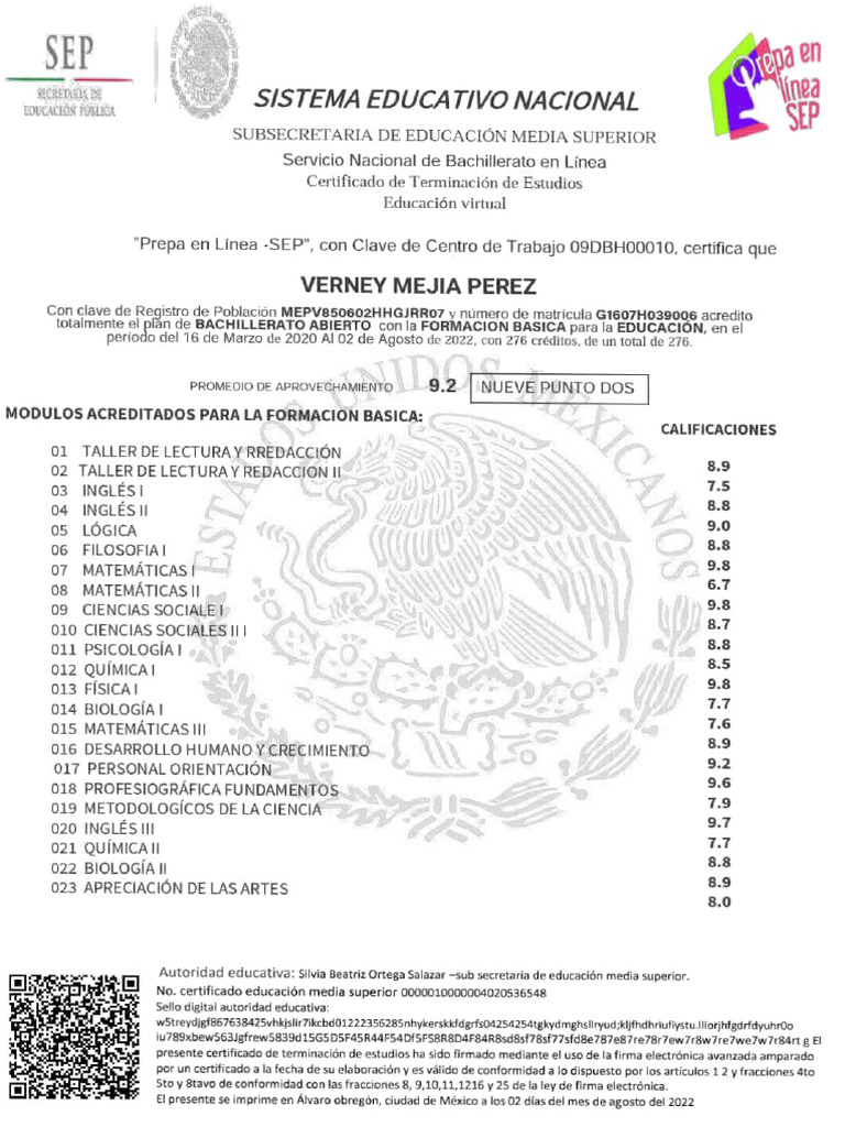 Certificado de Bachillerato en Línea SEP | PDF