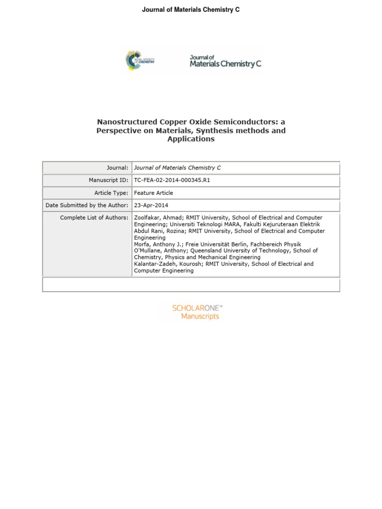 Nanostructured Copper Oxide Semiconductors A Perspective On Materials