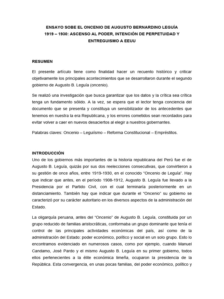 EL ONCENIO DE AUGUSTO BERNARDINO LEGUÍA PDF Perú Gobierno