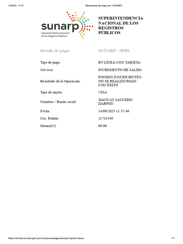Pago en línea fallido por fondos insuficientes | PDF