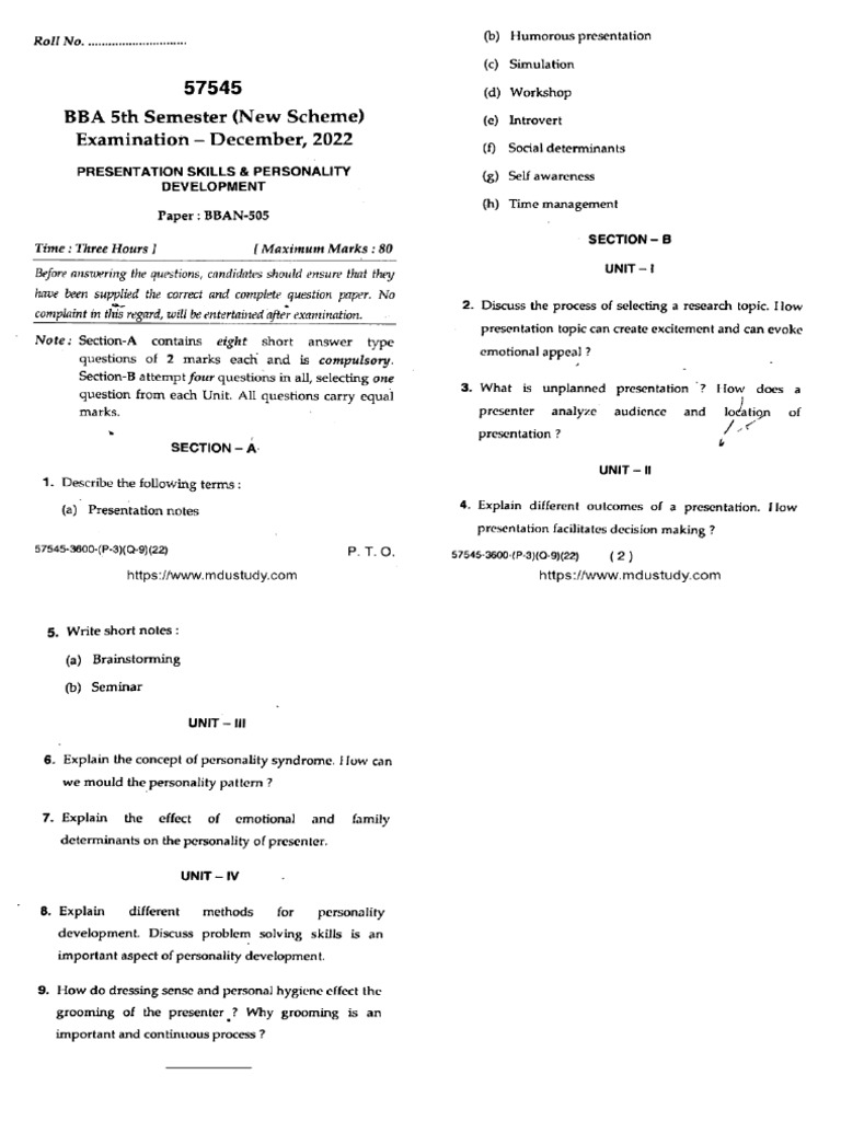 Bba 5 Sem Presentation Skills and Personality Development 57545 Dec ...