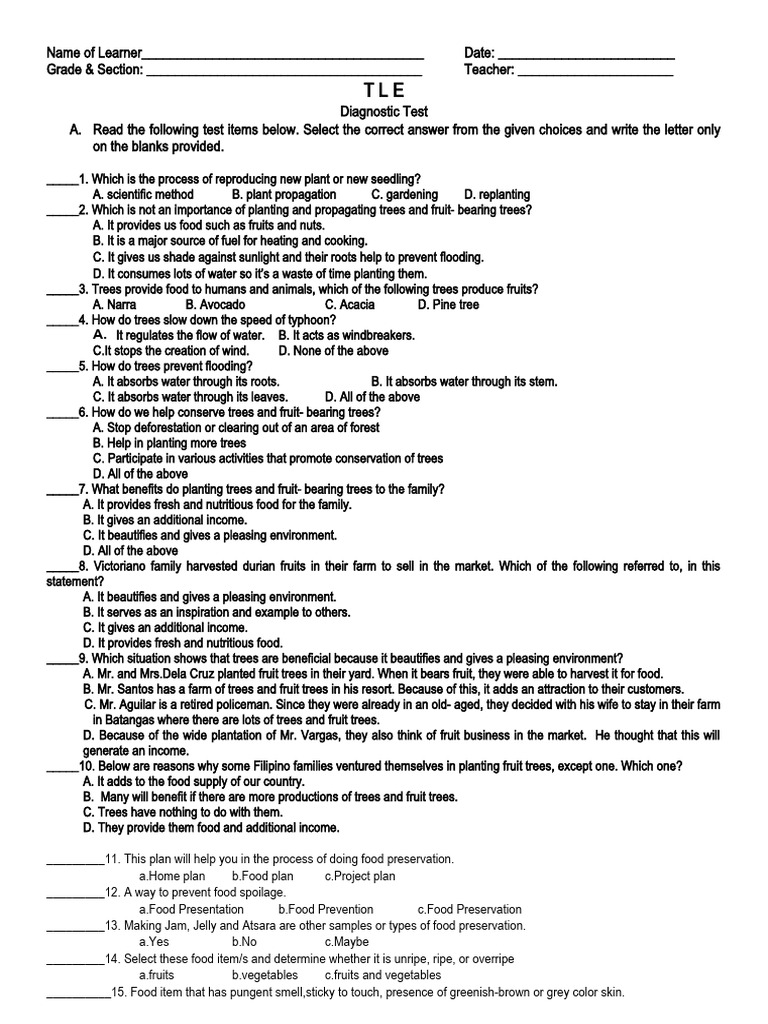 TLE Diagnostic Test 2023 | PDF | Trees | Plants