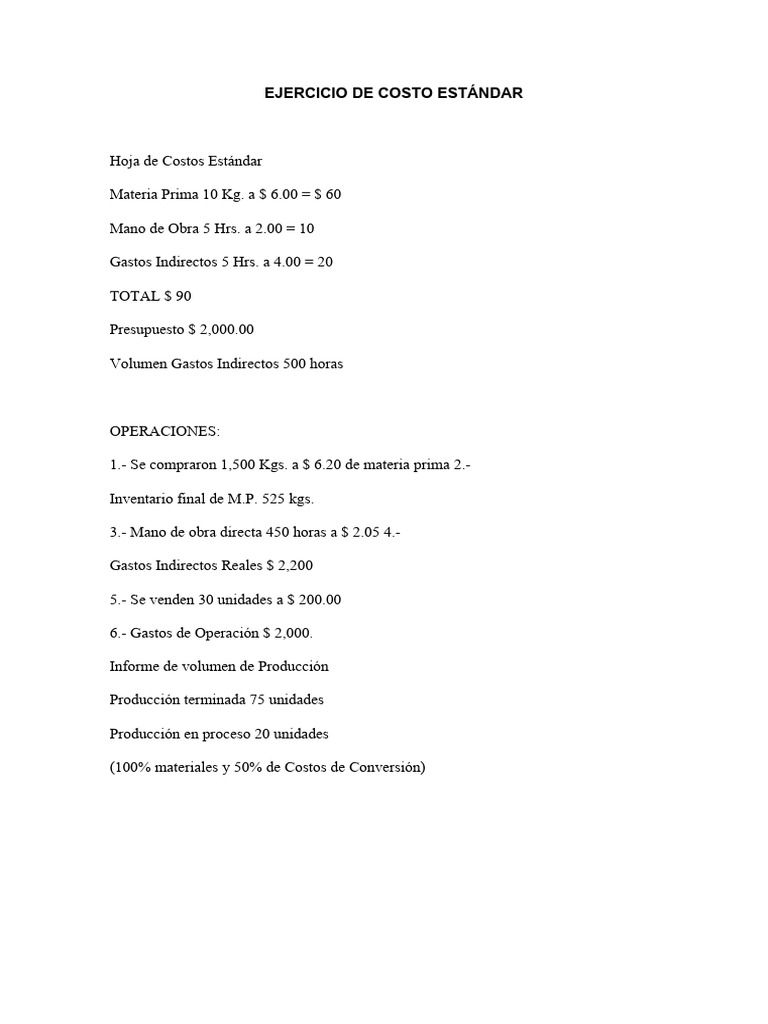 Ejercicio De Costo Estándar Pdf Presupuesto Dinero