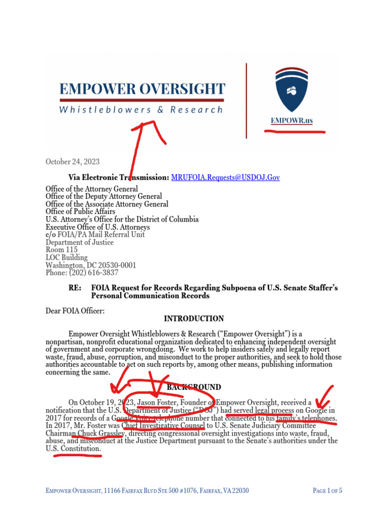 FOIA Request on DOJ Subpoena of Senate Staff | PDF | Freedom Of ...