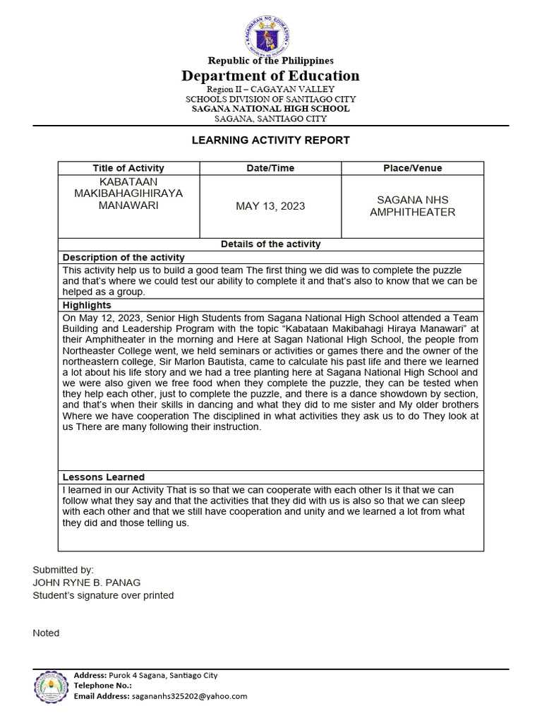 Learning-Activity-report John Ryne | PDF | Learning | Behavior Modification