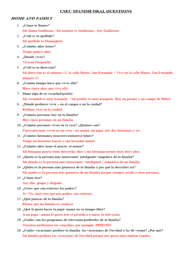 Csec Spanish Oral Questions And Answers