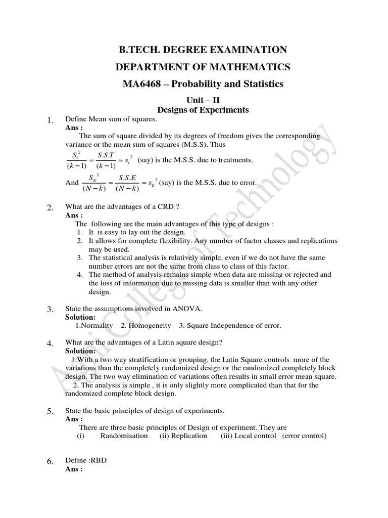 ANOVA Analysis for Experimental Designs | PDF | Experiment | Mean ...