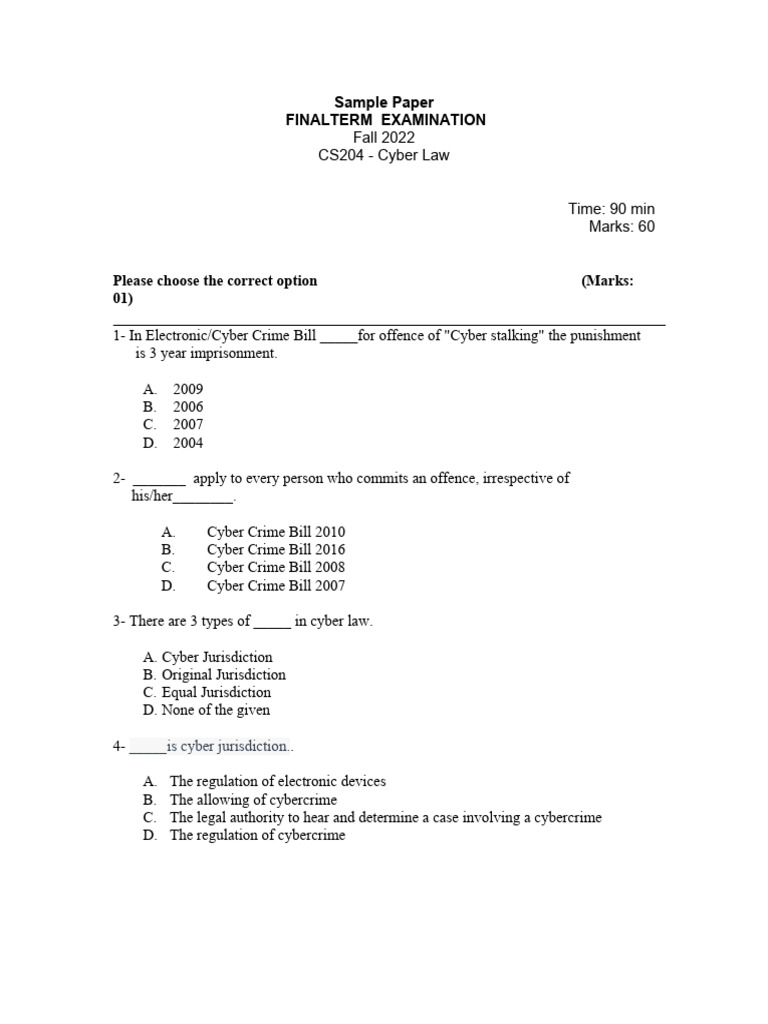 Final Term Exam Sample Paper - CS - 204 | PDF | Cybercrime | Security