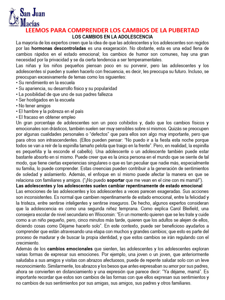 Ses 1 LEEMOS PARA COMPRENDER LOS CAMBIOS DE LA PUBERTAD | PDF ...