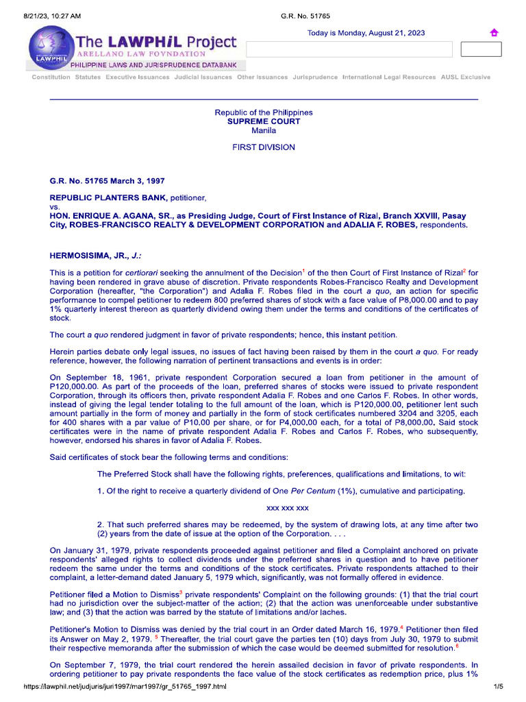 Republic Planters vs. Agana 1997 PDF