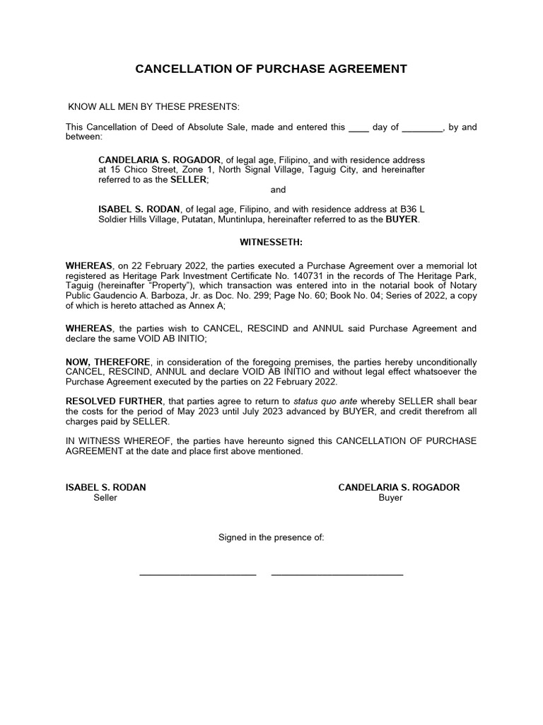 Cancellation Of Deed Of Sale