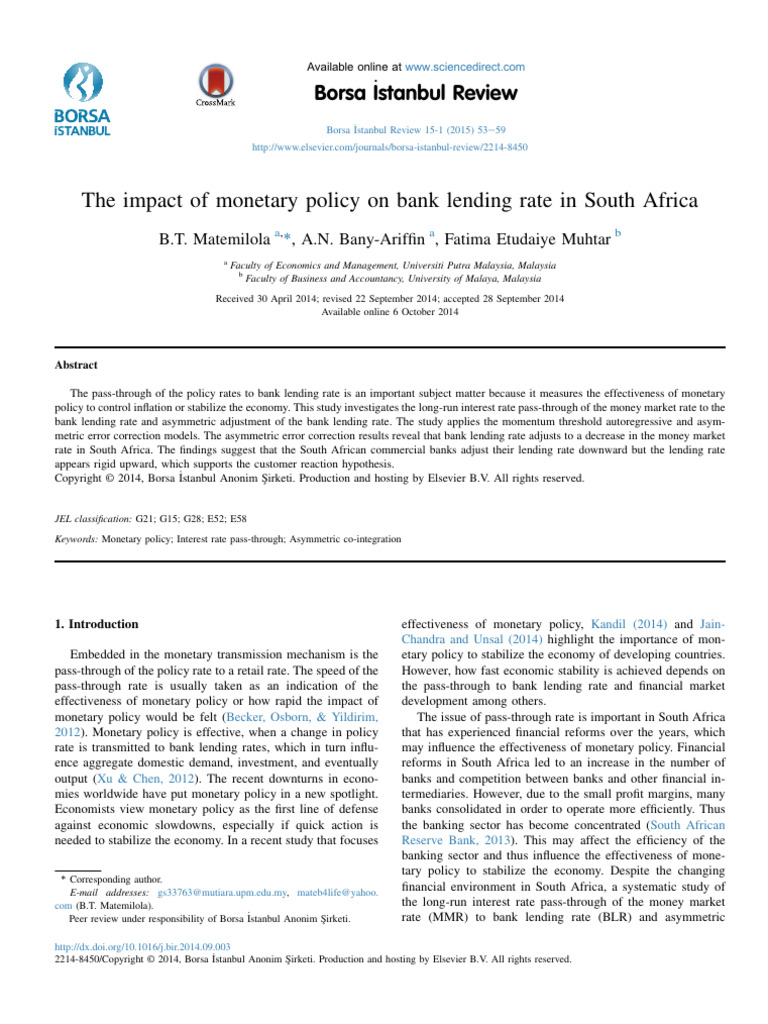 The Impact of Monetary Policy On Bank Lending Rate in South Africa ...