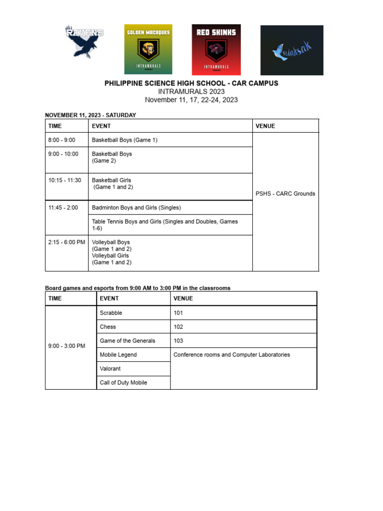 PSHSCARCINTRAMURALSGENERALSCHEDULE PDF Entertainment Sports