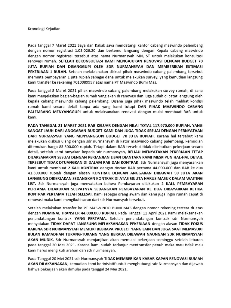 Masalah Renovasi Rumah di Maswindo Palembang | PDF | Hukum