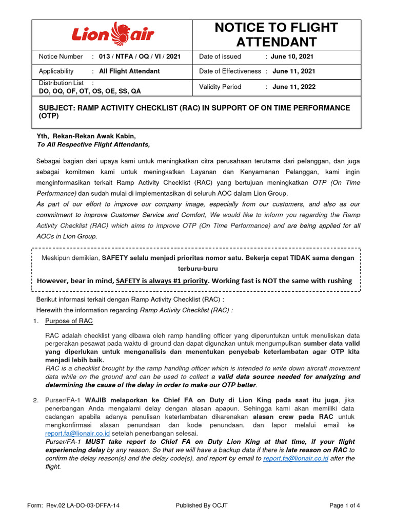 Ramp Activity Checklist (Rac) in Support of On Time Performance (Otp ...