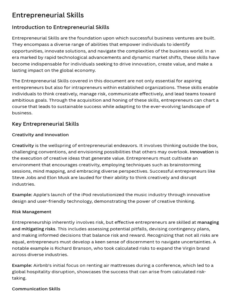 Entrepreneurial Skills Pdf Entrepreneurship Marketing