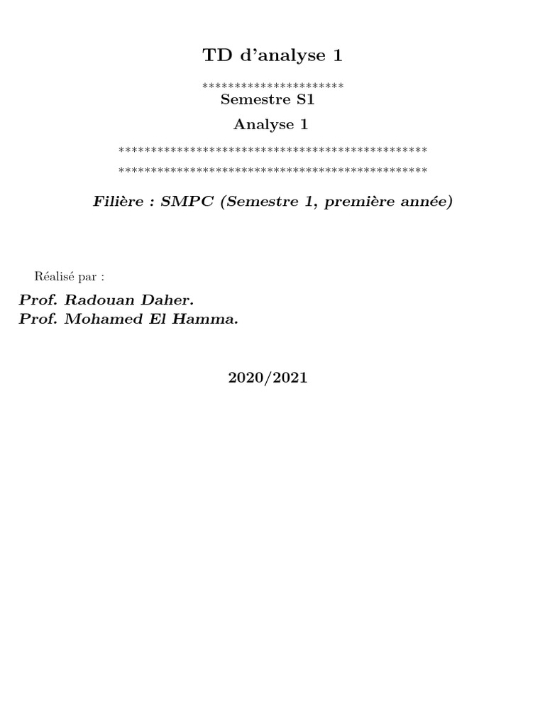 TD Analyse 1 - Semestre S1 Corrigé | PDF | Limite (mathématiques) | Nombre
