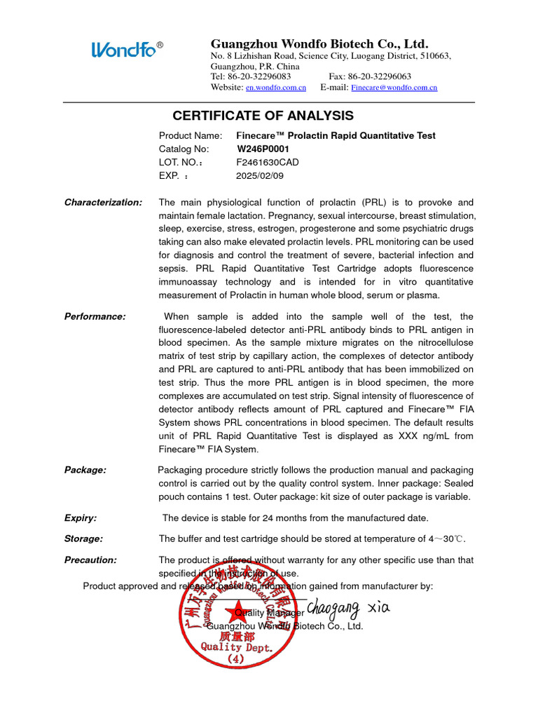 PRL Rapid Quantitative Test COA - F2461630CAD | PDF | Antibody ...