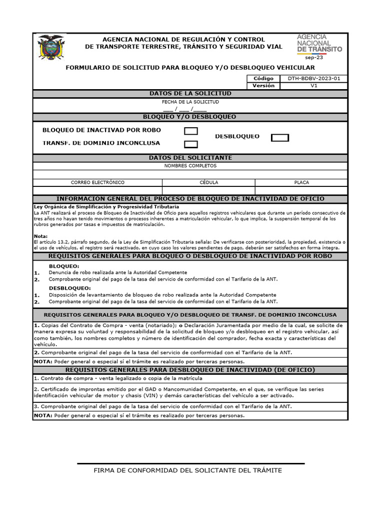 Formulario de Desbloqueo Vehicular ANT | PDF | Gobierno