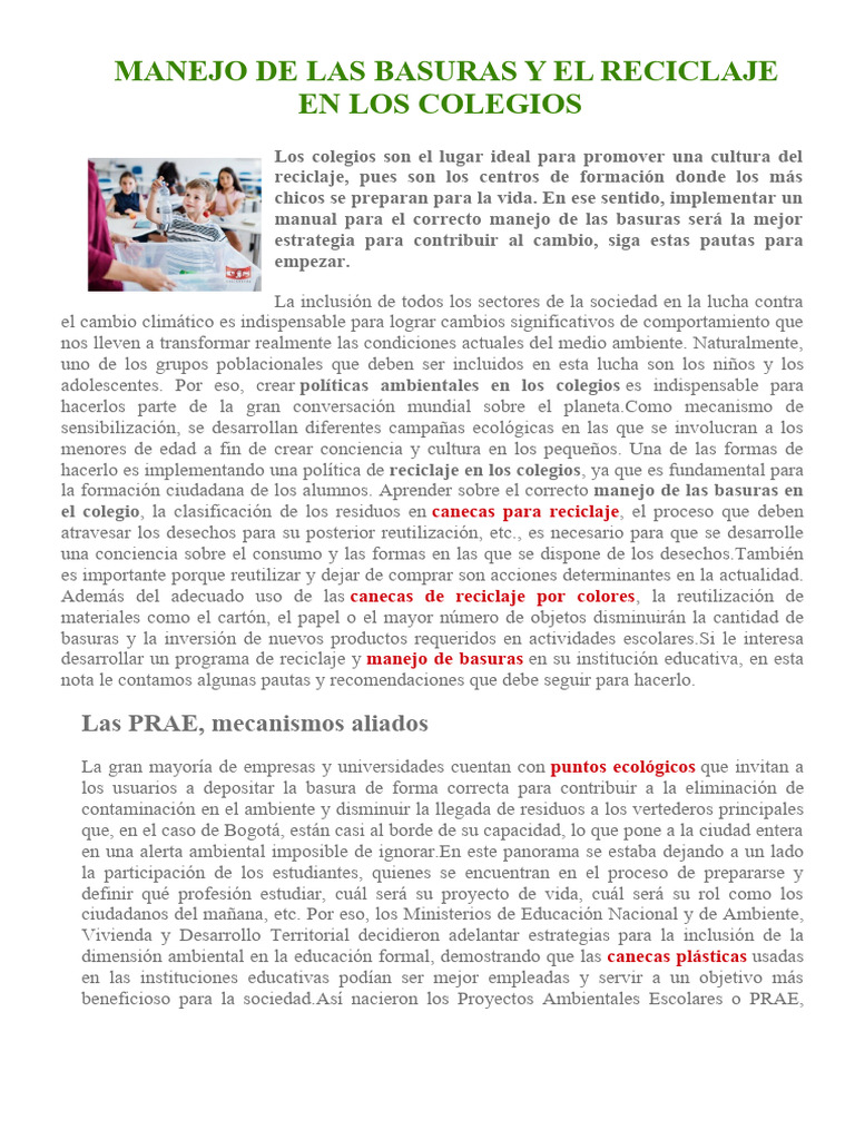 Manejo de Basuras y Reciclaje Escolar | PDF | Residuos | Reciclaje