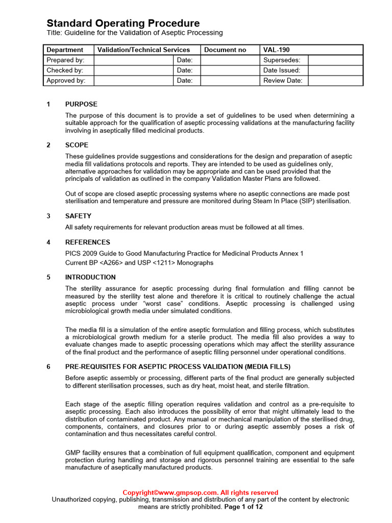 VAL 190 Guideline For The Validation of Aseptic Processing Sample | PDF ...