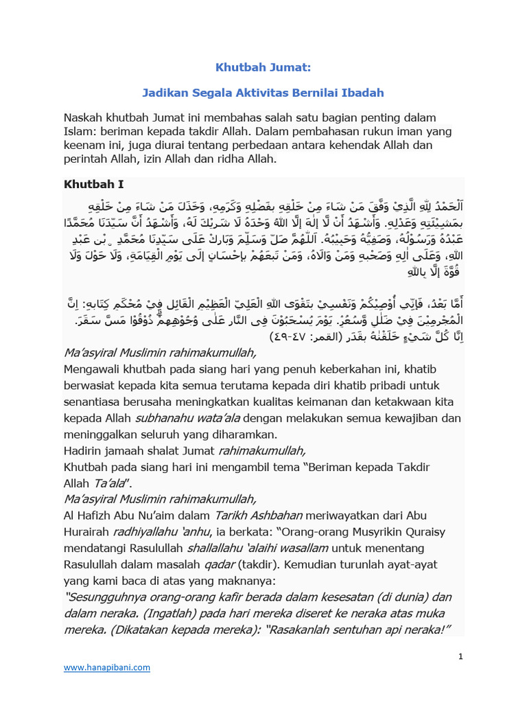 Khutbah Jumat - Jadikan Segala Aktivitas Bernilai Ibadah | PDF