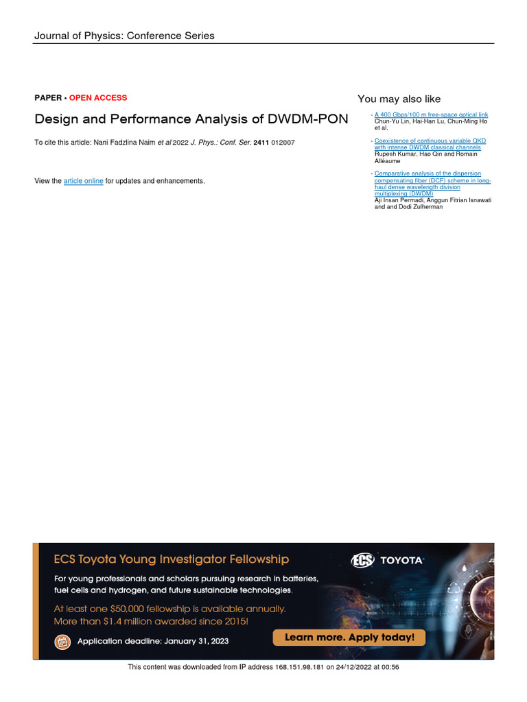 Design and Performance Analysis of DWDM-PON | PDF | Wavelength Division ...
