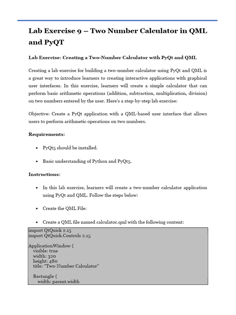 Lab Exercise 9 (Two Number Calculator in QML and PyQT) | PDF ...