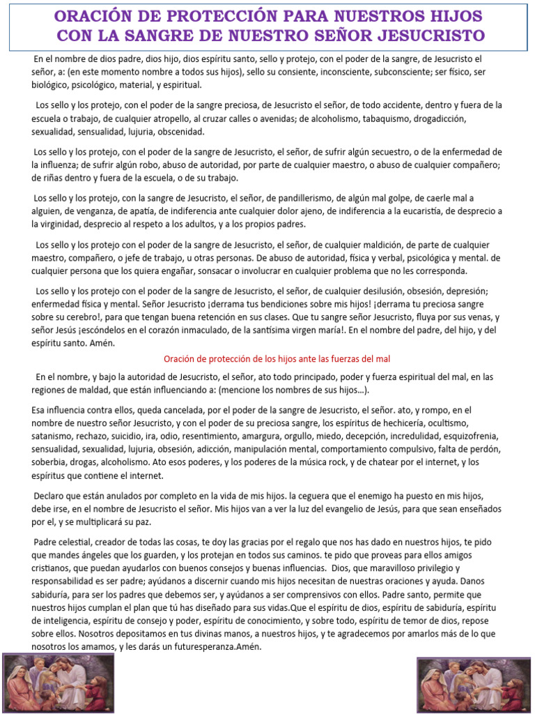 Oracion de Proteccion para Los Hijos Con La Sangre de Jesus | PDF ...