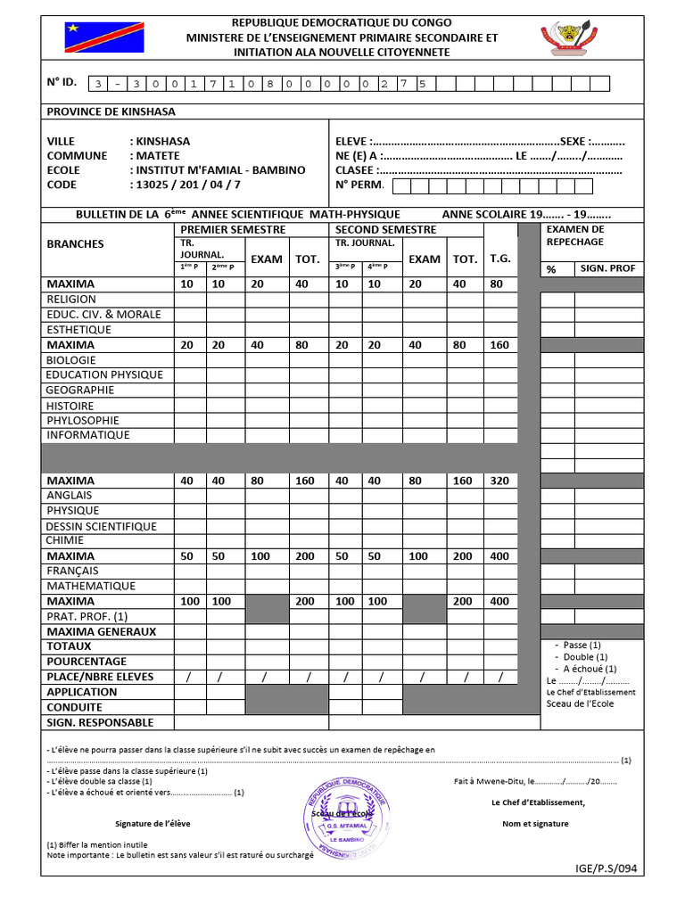 Bulletin Scolaire 6ème RDC 2024 | PDF