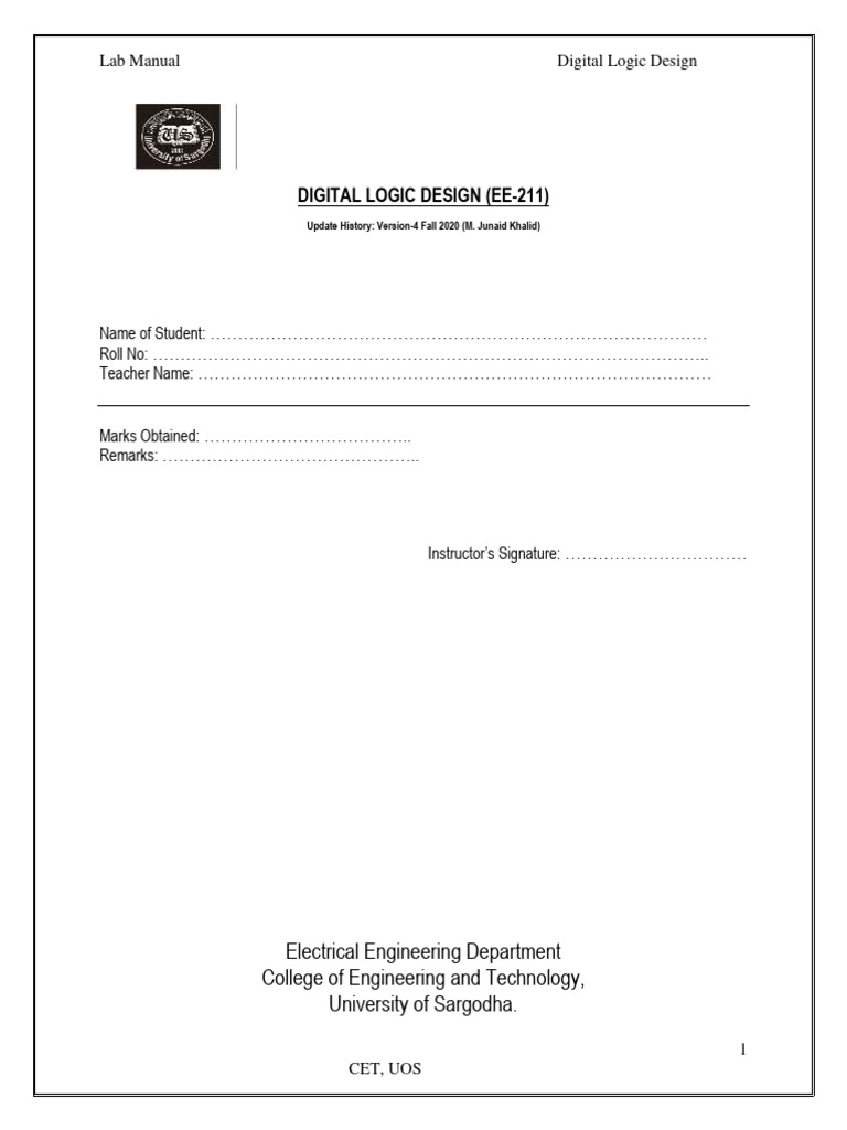 Digital Logic Design Lab Manual Fall 20 Semester Version 4 PDF