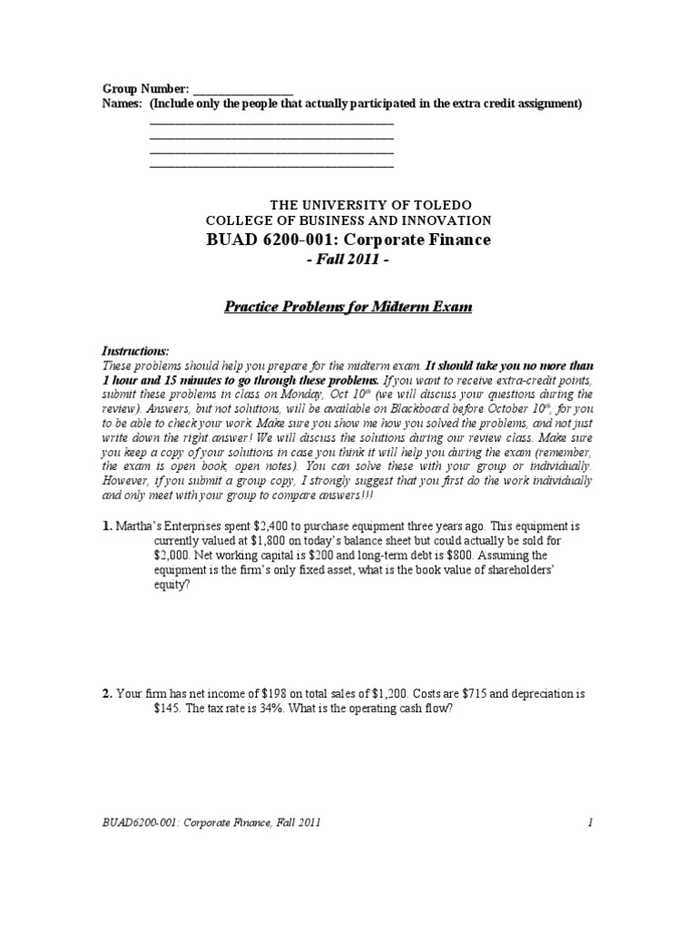 Corporate Finance Midterm Practice Problems | PDF | Bonds (Finance ...