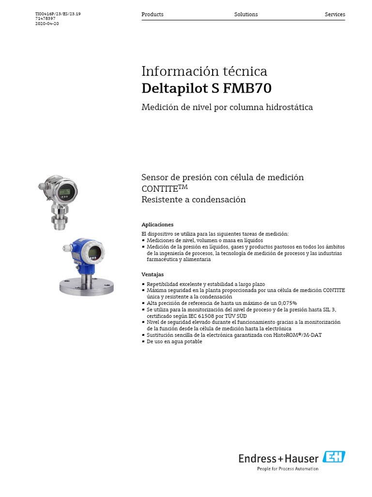Deltapilot S FMB70 Nivel Por Presion Hidrostatica | PDF | Medición ...