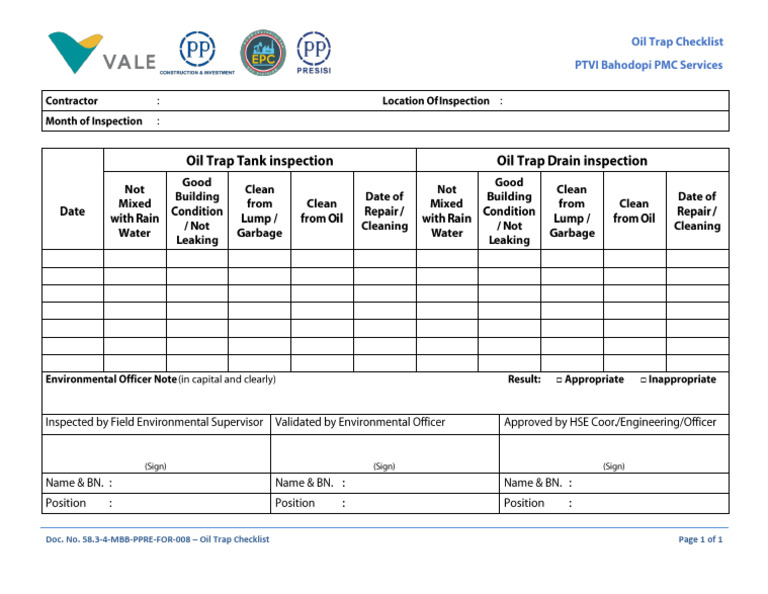 58.3-4-MBB-PPRE-FOR-008 - Oil Trap Checklist | PDF