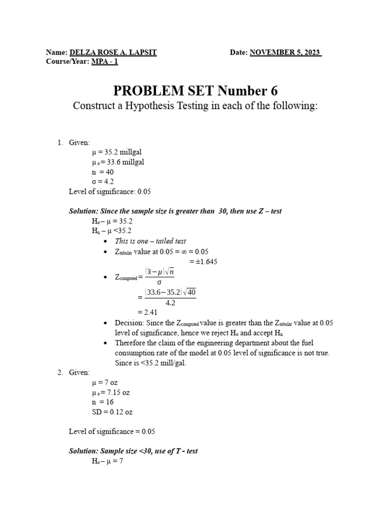Hypothesis Testing Problem Set Analysis | PDF | Probability And ...