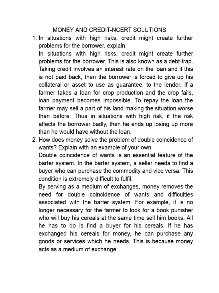 Money and CreditNcert Solutions PDF Loans Finance & Money Management