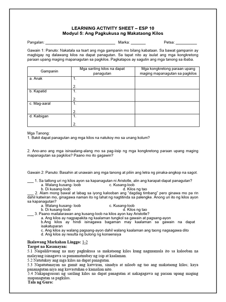 Las1 Modyul 5 Ang Pagkukusa Ng Makataong Kilos Pdf