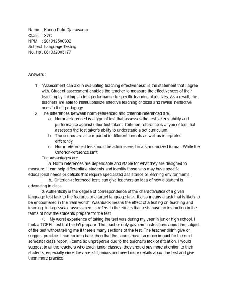 Language Testing UAS Karina Putri Djanuwarso PDF Educational