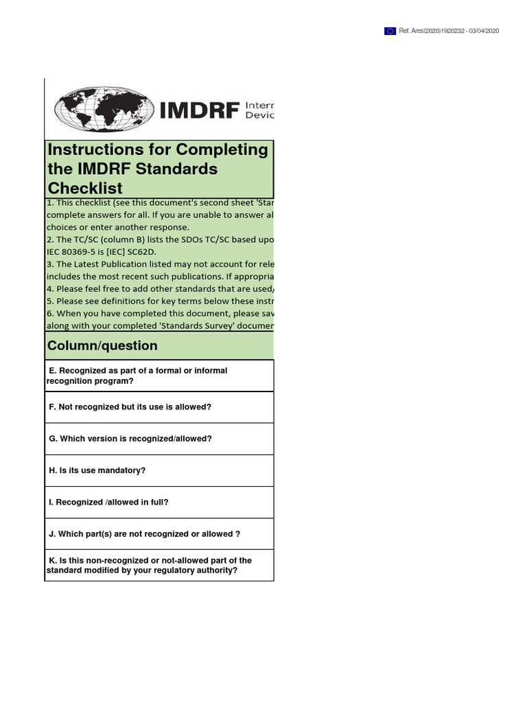 MD Guidance, Annex 2, IMDRF Standards Checklist Modified by EU in