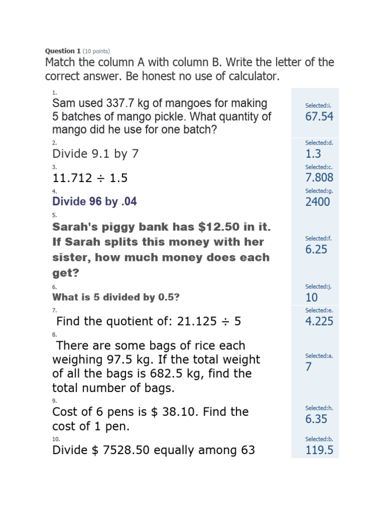 Math Quiz Grade 6 | PDF