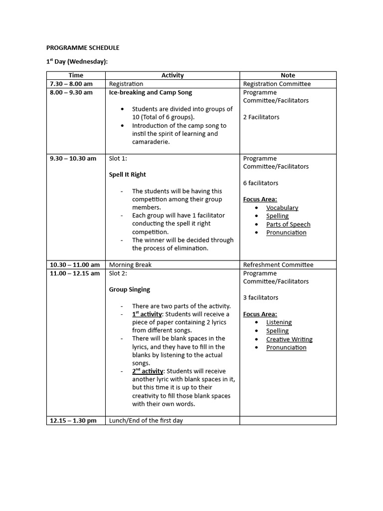 English Camp Program Schedule | PDF | Applied Linguistics | Cognitive ...
