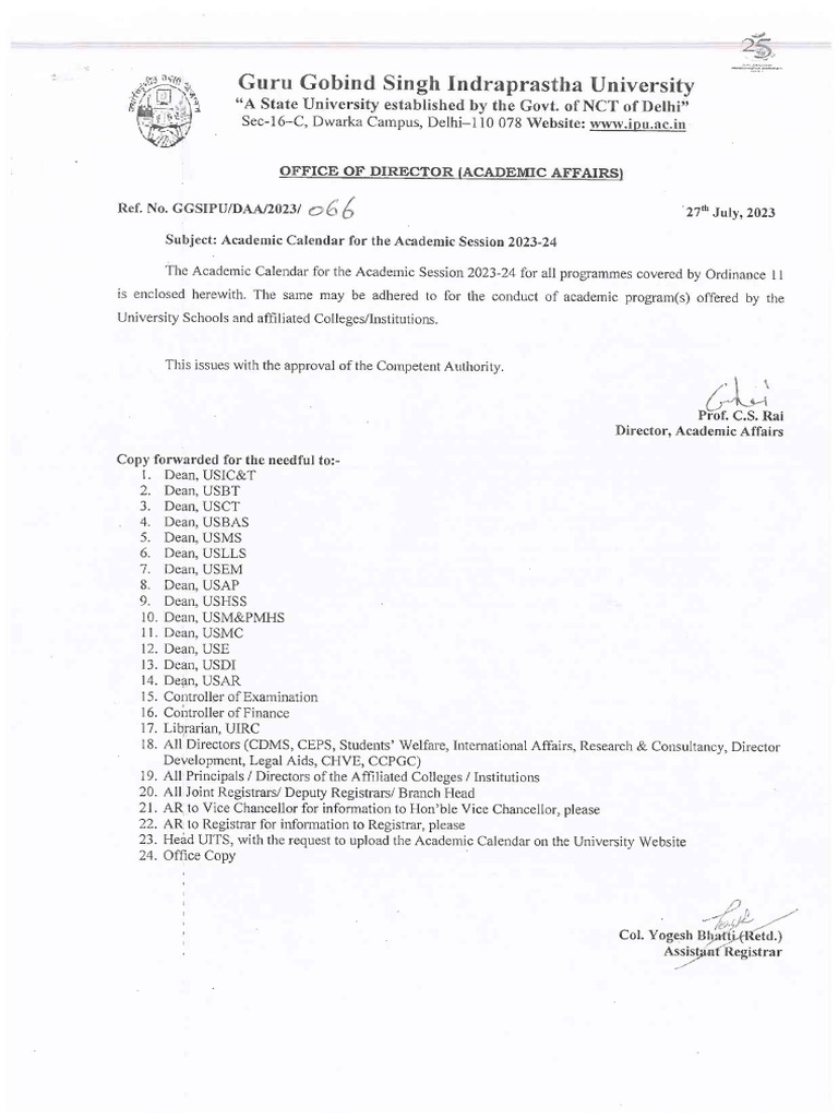IPU Academic Calendar 2023 24 28.07.2023 PDF